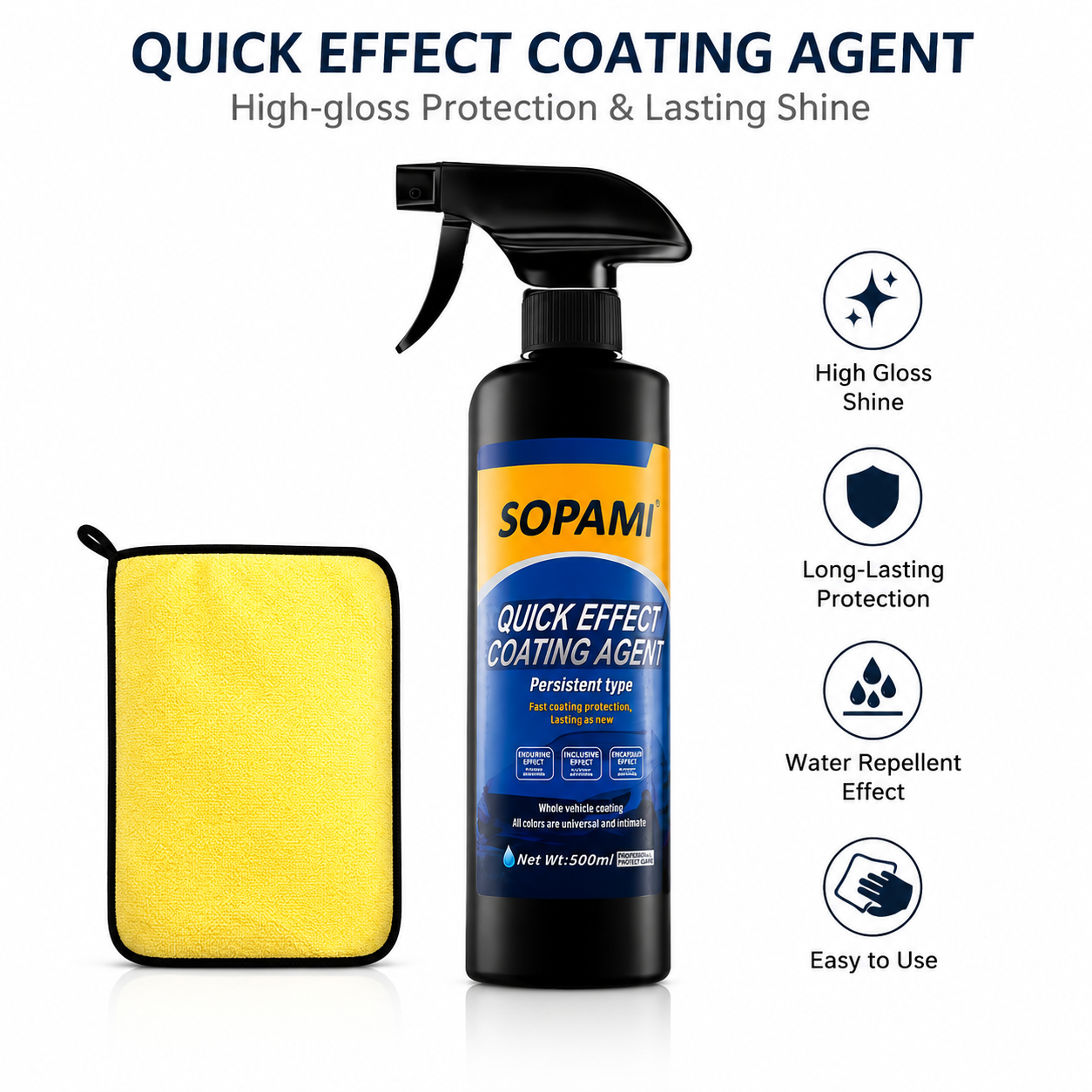 Sopami Car Coating Spray, Quick Effect Coating Agent, Car Scratch Wax Polish Spray Waterless Wash, Quickly Coat Car Wax, Oil Film Emulsion Glass Cleaner with towel for All Car